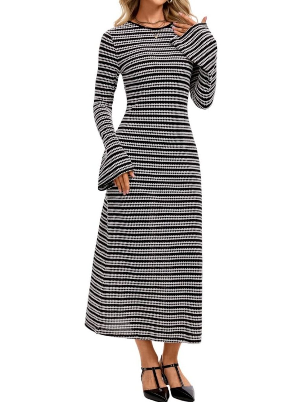 Striped Long Bell Sleeve Knit Maxi Dress - Women's Fashion, Casual & Stylish